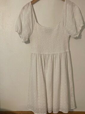 Threadgrit White Embroidered Eyelet Smocked Babydoll Short Cotton Dress M